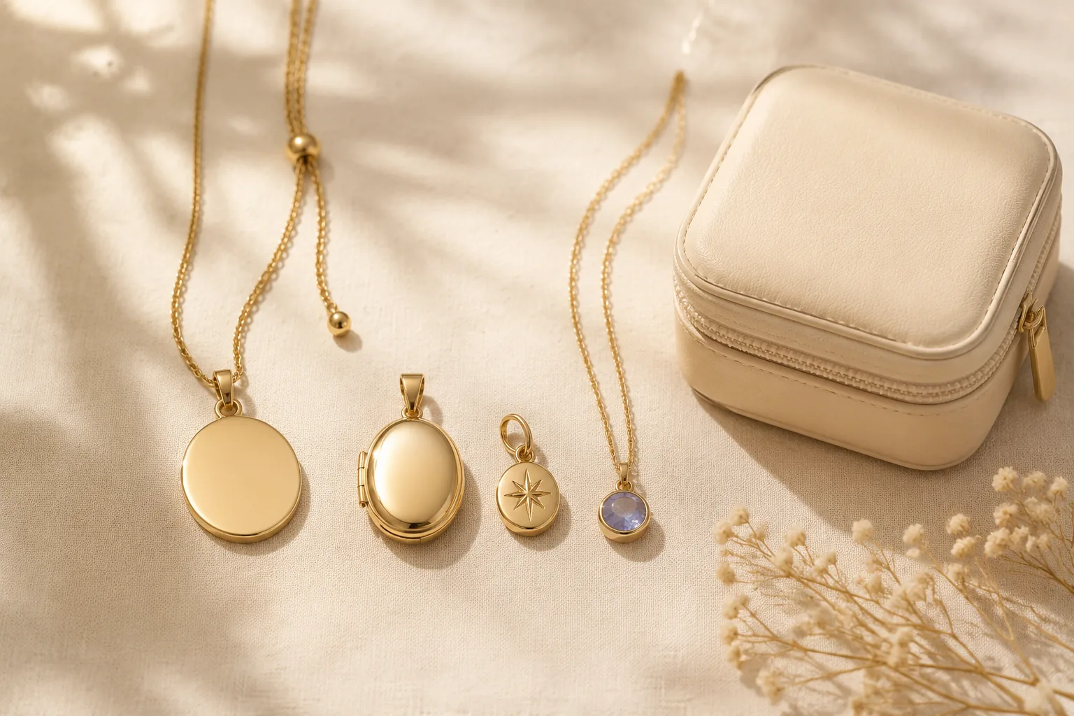 Low-risk personalized jewelry gift options including a pendant, locket, charm, birthstone-style necklace, and travel case.