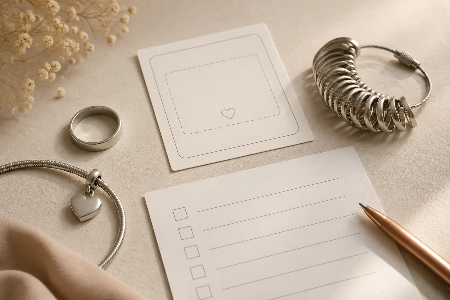 Generic ring, charm, ring sizer, and blank checklist materials arranged as a jewelry personalization planning scene.