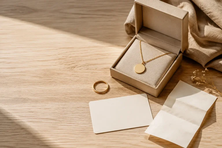 Unbranded jewelry gift box with a plain pendant, ring, and blank receipt on a warm neutral tabletop.