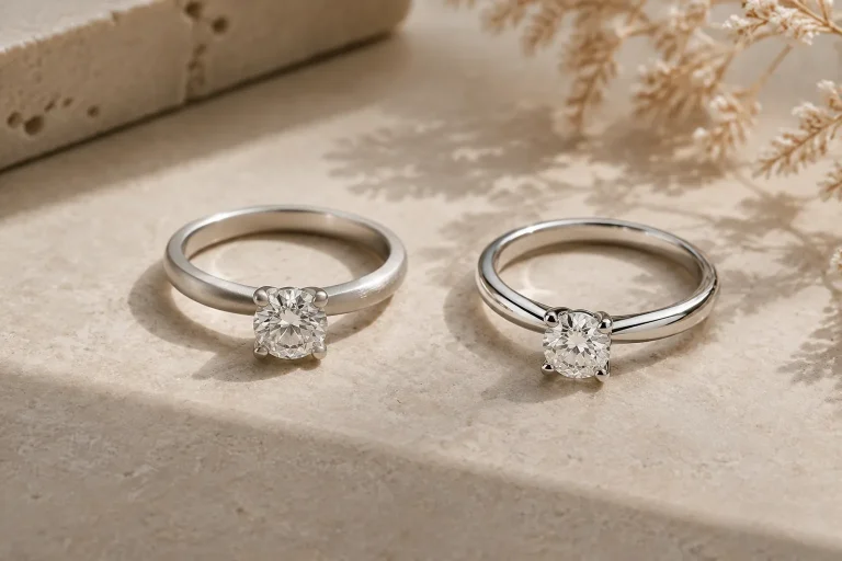 Platinum vs White Gold for Engagement Rings: Which Should You Choose? Two generic white-metal engagement rings on a neutral stone surface, suggesting a comparison between platinum and white gold.