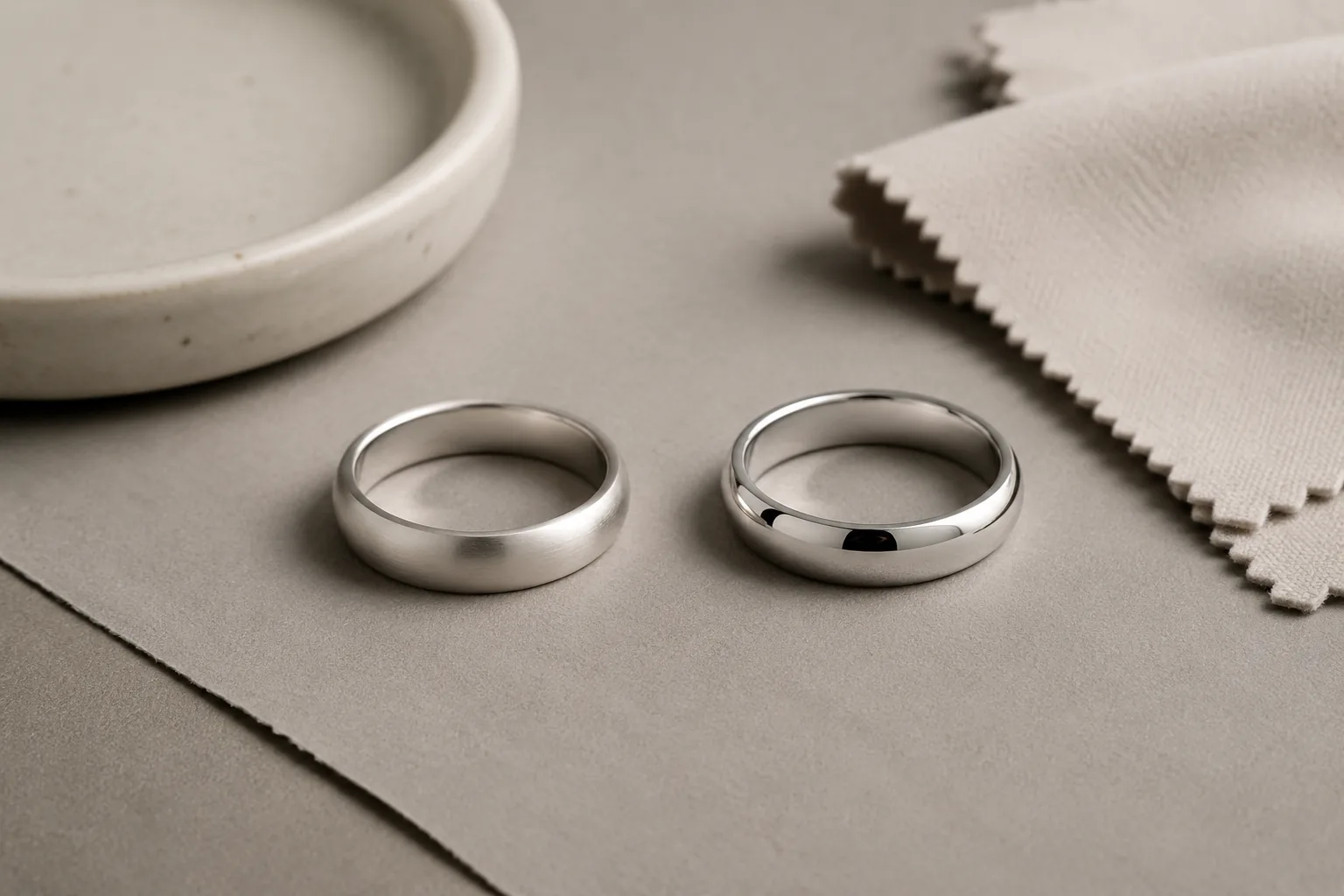Two generic white-metal ring samples with different surface tones, illustrating naturally white platinum versus a brighter rhodium-like white finish.