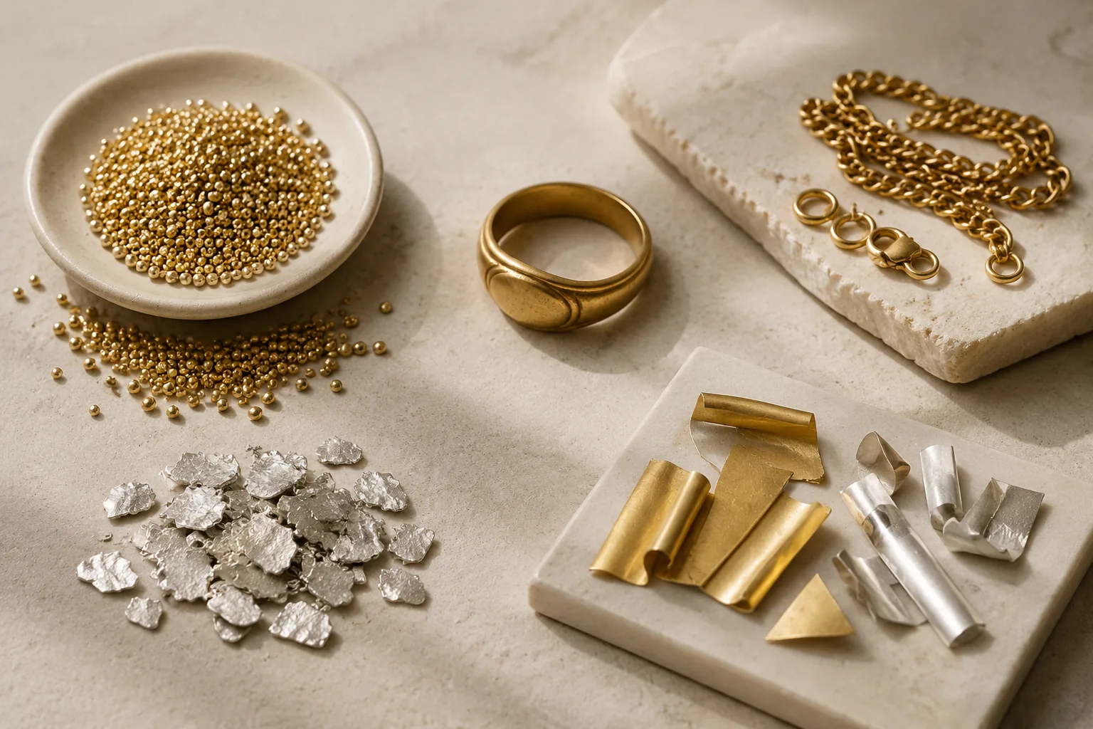Unbranded jewelry pieces and metal components arranged to suggest different reuse and recycled-metal terms.