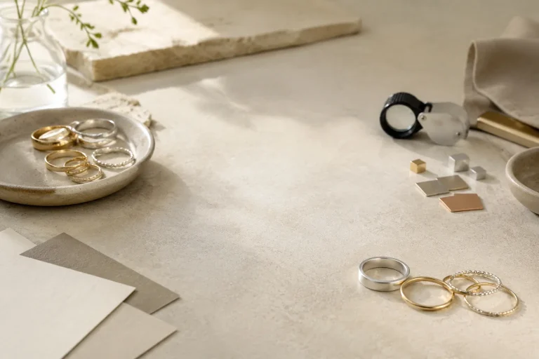 Unbranded gold and silver jewelry pieces with metal offcuts on a neutral worktable.