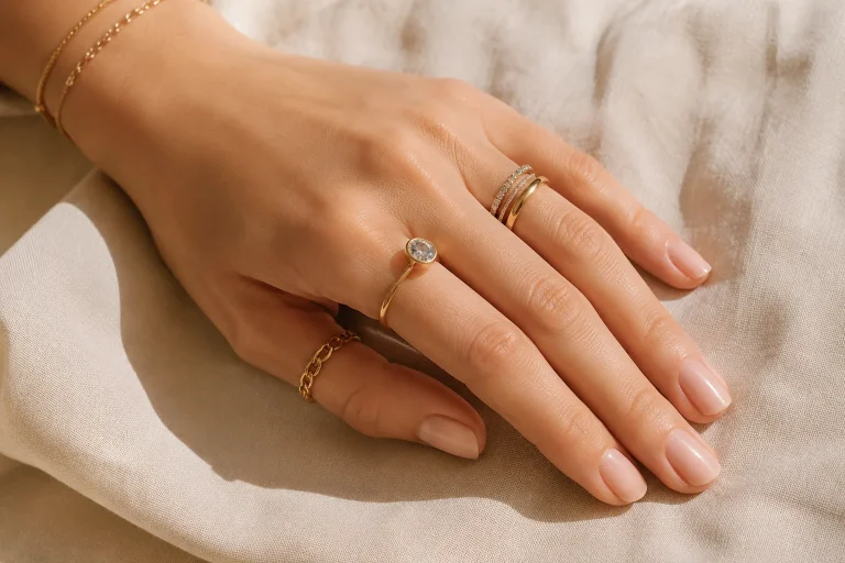 How to Style Ring Stacks for Daily Wear: Width, Balance, and Finger Choice A balanced everyday ring stack with slim bands, one focal ring, mixed metals, and open space across the hand.