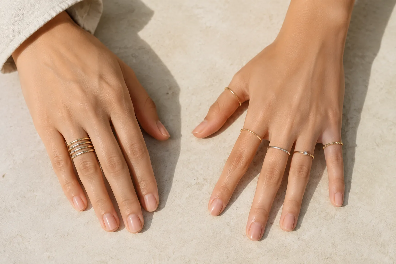 Two hands comparing slim rings stacked on one finger with rings spread across several fingers.