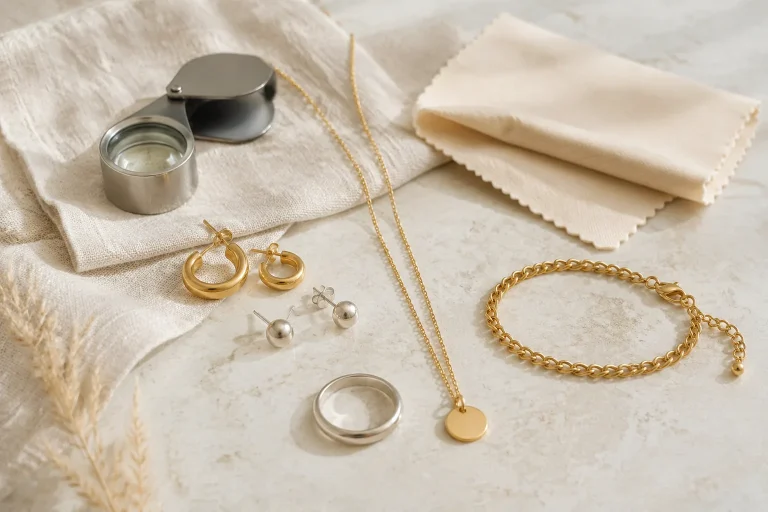 Generic earrings, a ring, necklace, and bracelet arranged on neutral fabric for a sensitive-skin jewelry buying guide.