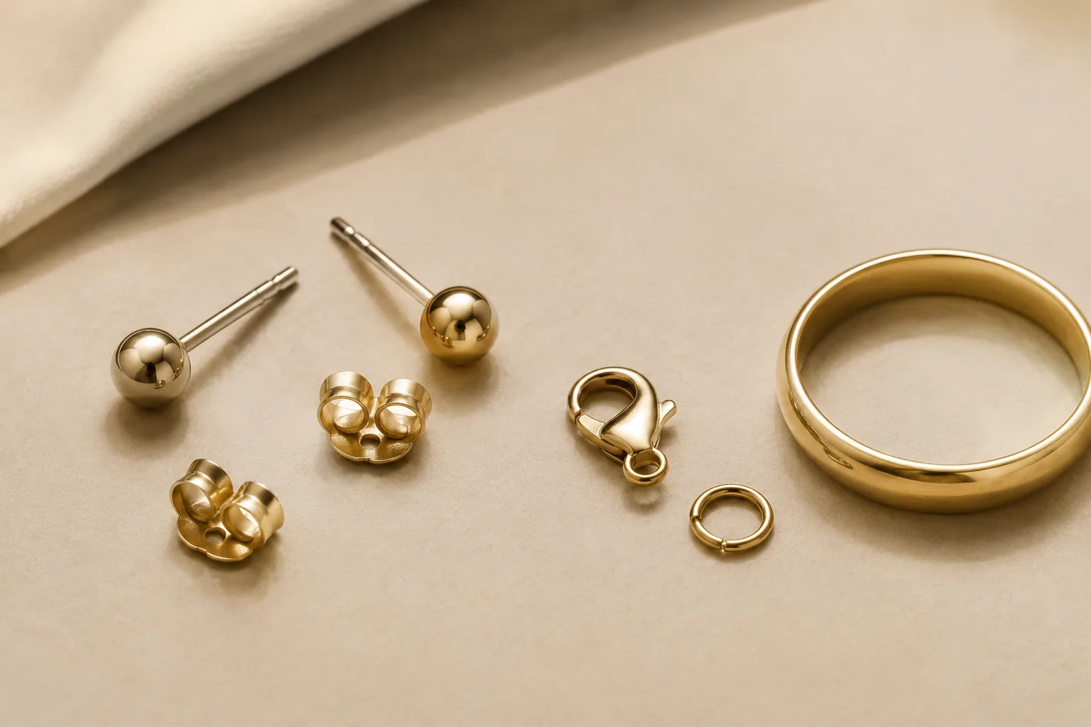 Close-up of generic earring posts, backs, clasp hardware, and ring interior showing jewelry contact points to check before buying.