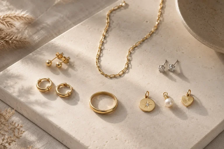 How to Build a Starter Jewelry Wardrobe: Charms, Hoops, Chains, Rings, and Everyday Studs A neutral editorial arrangement of studs, hoops, a chain, rings, and charms for a starter jewelry wardrobe.