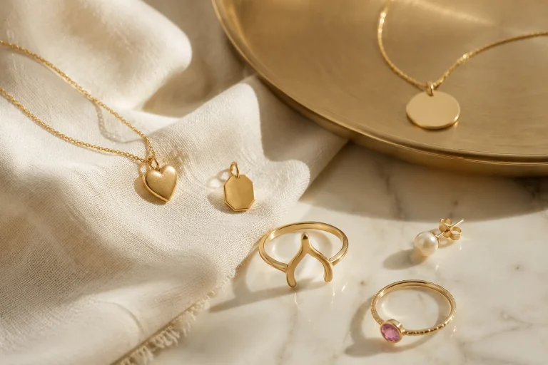 How to Style Symbol Jewelry Without Looking Too Literal A restrained arrangement of symbolic jewelry pieces on a warm neutral surface.