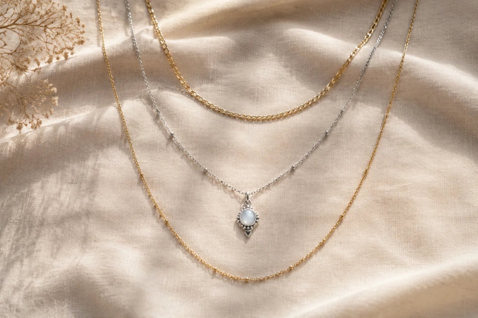 Layered generic necklaces arranged to show one pendant as the focal point.