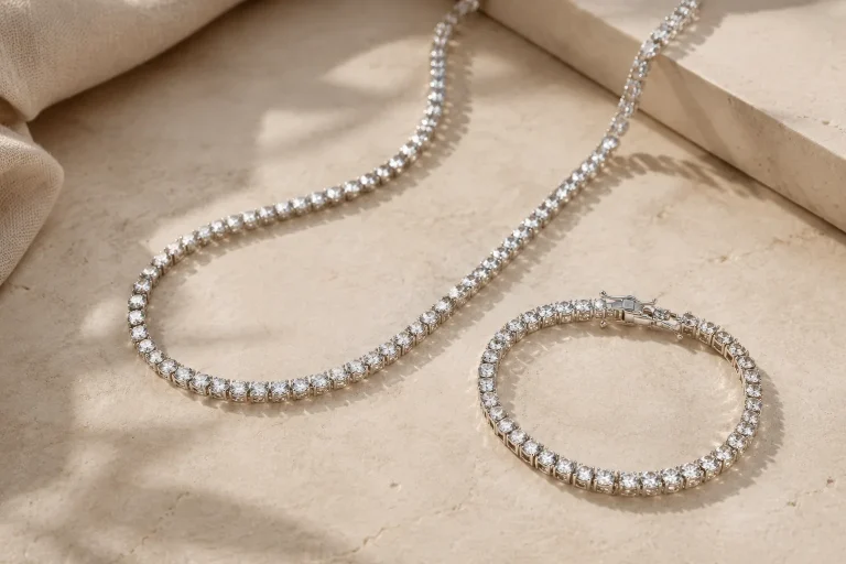 What to Look for When Buying Tennis Bracelets and Tennis Necklaces Unbranded tennis-style bracelet and necklace arranged on neutral fabric.