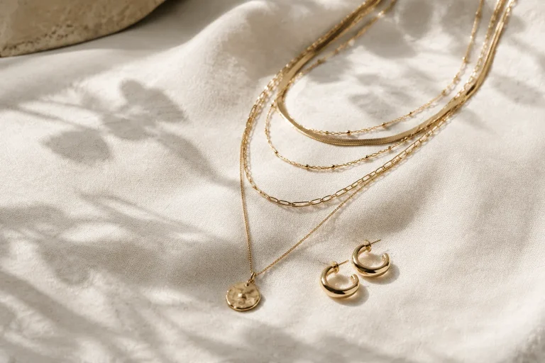 What Makes Missoma Different? Layering Sets, Gold Vermeil, and Mix-and-Match Styling Layered gold-tone necklaces and small earrings arranged on neutral linen in soft daylight.