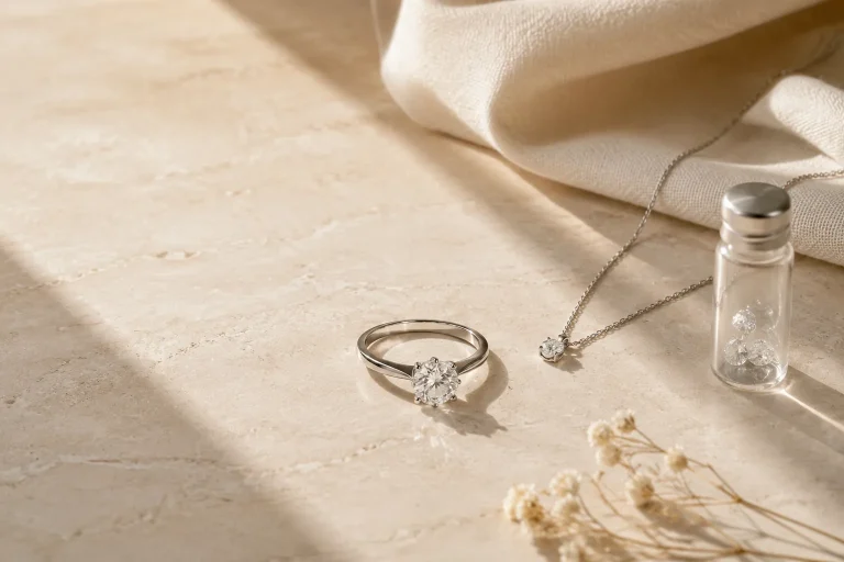 What Makes Monica Vinader Different? Lab-Grown Diamonds and Wedding Jewelry A warm editorial still life of generic unbranded jewelry pieces and a sample vial for a lab-grown diamond and wedding jewelry guide.