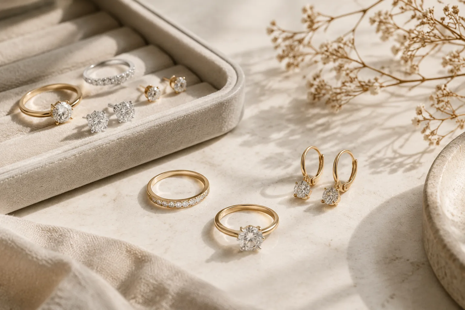 Generic lab-grown diamond jewelry pieces arranged in a clean editorial still life with soft daylight.
