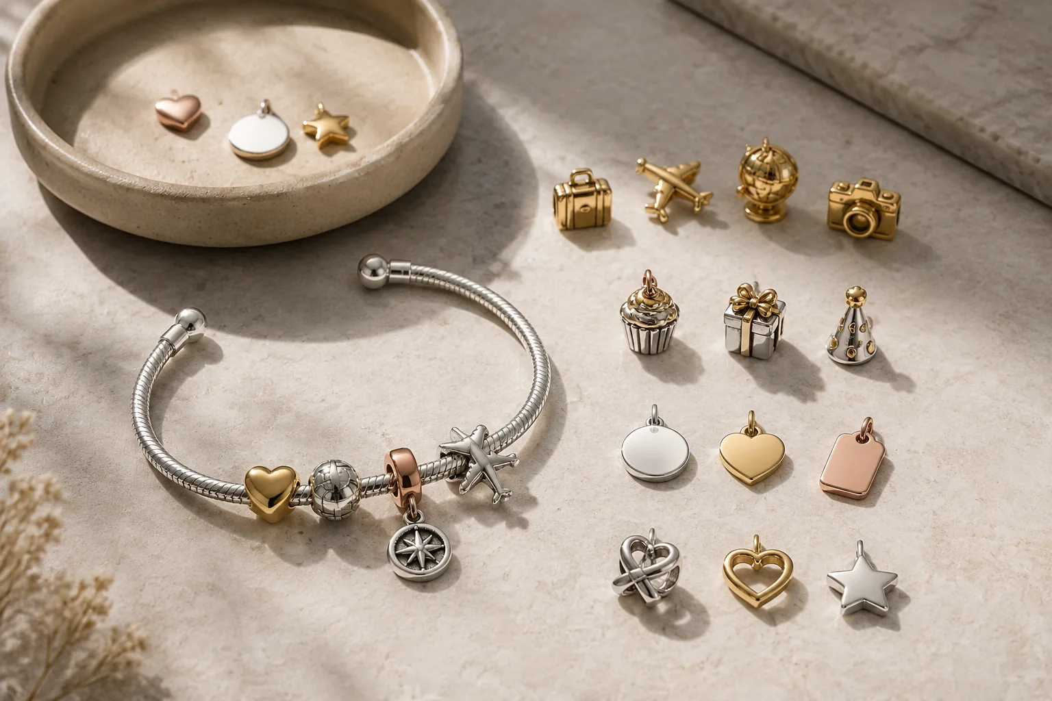 Generic charm bracelet with loose unbranded charms arranged to suggest personalization choices.