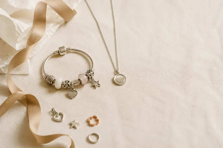 What Makes Pandora Different? Charms, Personalization, and Gift Buying Generic charm bracelet and pendant necklace arranged as a neutral jewelry gift still life.