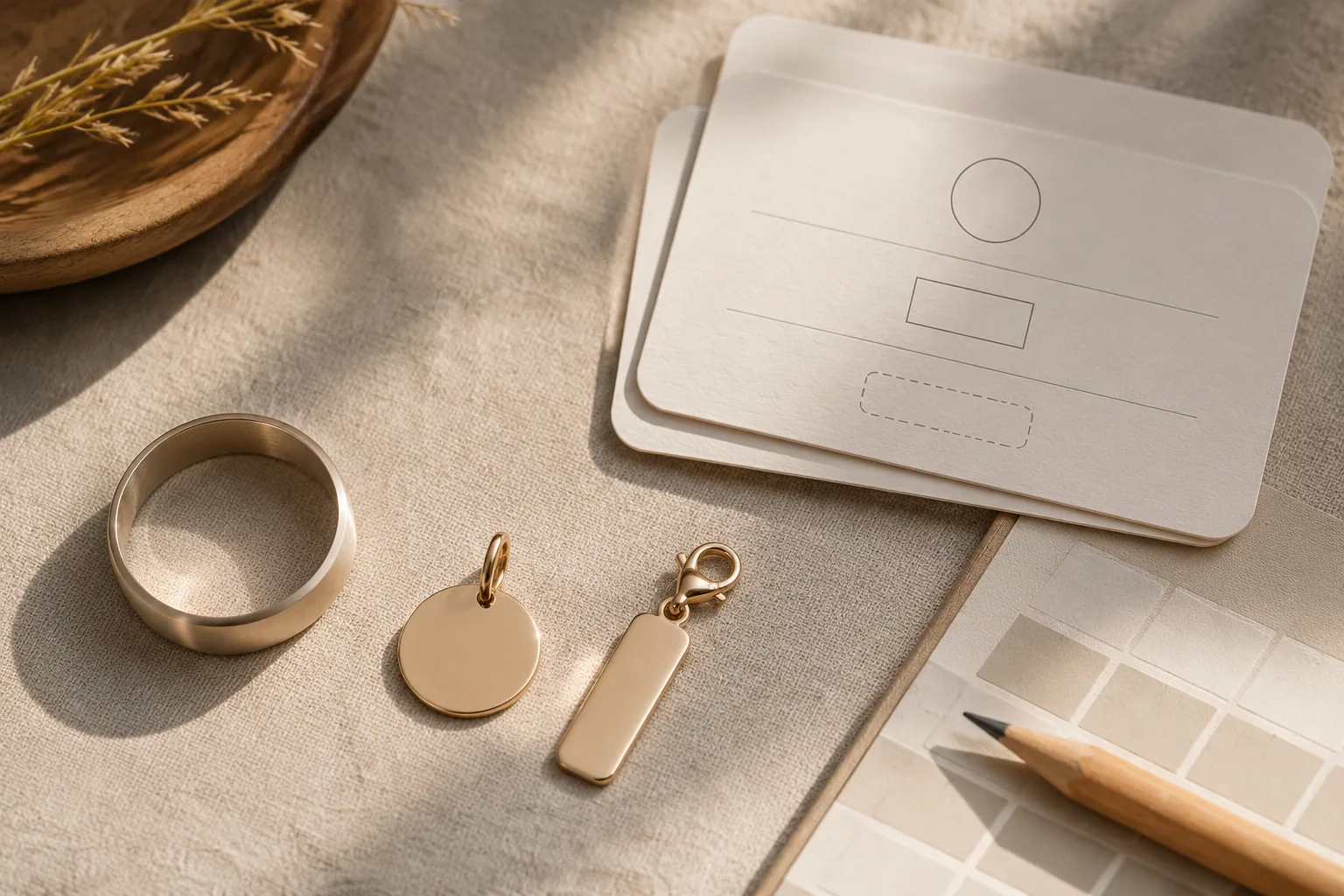 Generic ring, pendant, charm, and blank planning cards suggesting compact milestone engraving choices.