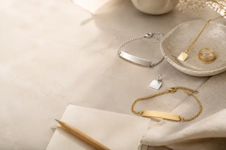 Blank rings, pendant, bracelet plate, and charm arranged with simple planning cards for an engraved jewelry gift.