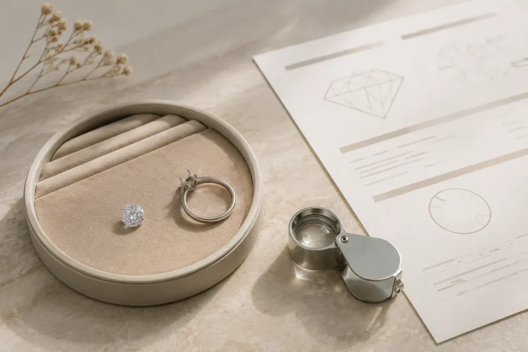 When to Prioritize a Diamond Grading Report: Loose Stones, Pavé, and Petite Jewelry Loose diamond, ring mounting, loupe, and report-style document arranged in a clean editorial jewelry scene.