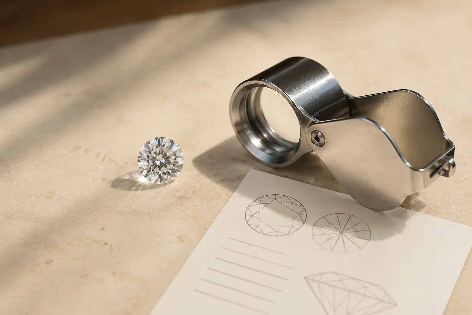 A loose diamond beside a loupe and a generic report-style sheet, illustrating grading and verification.