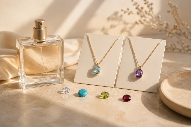 Warm editorial still life of generic jewelry stones and an unbranded perfume bottle suggesting differing birthstone choices.