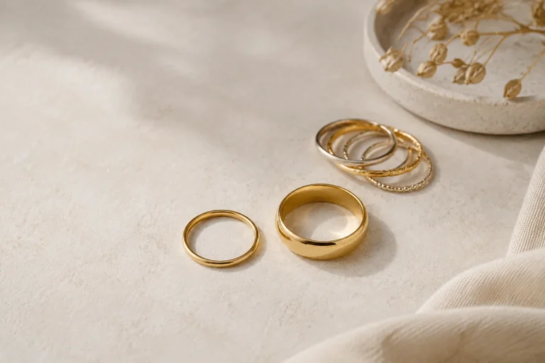 Why Wide Bands and Ring Stacks Can Fit Tighter Than Expected Slim rings, a wide band, and a small ring stack arranged on a neutral surface to illustrate different ring widths.