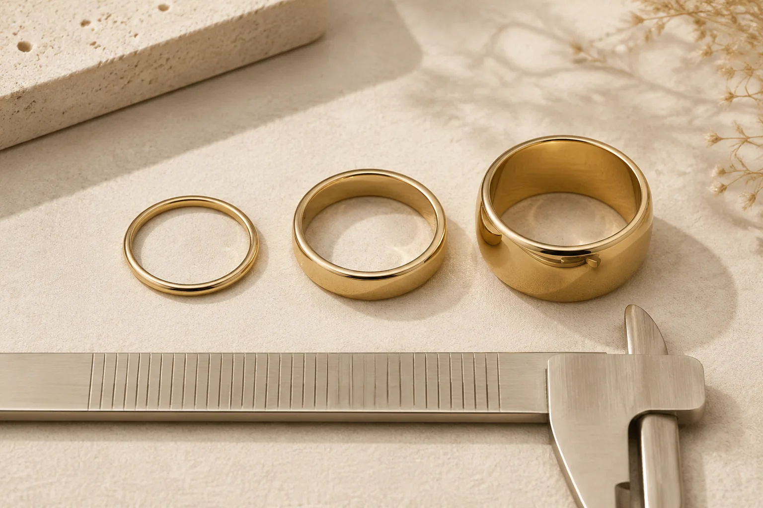 Three generic rings of different widths arranged side by side to show how band width changes finger coverage.