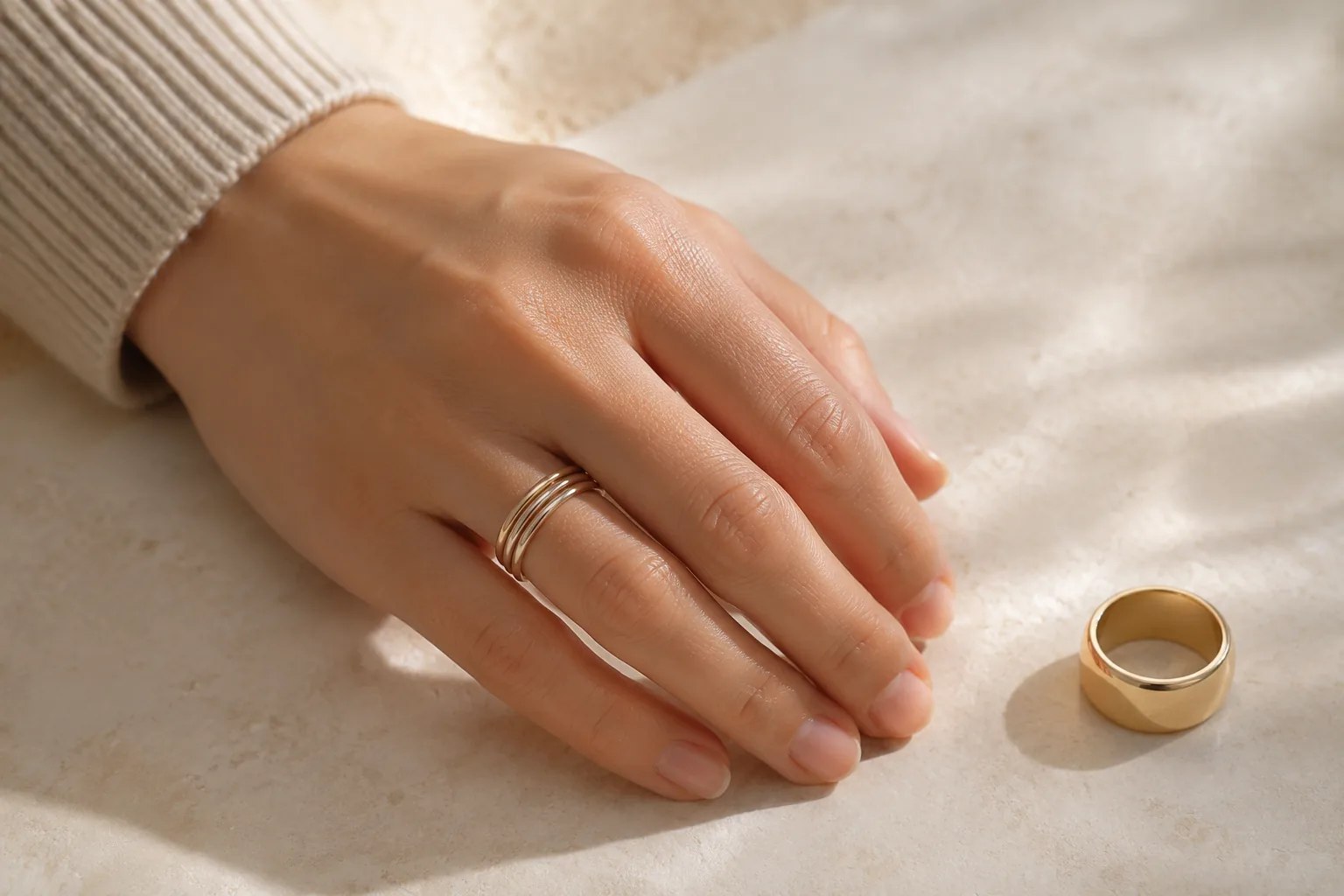 A hand wearing a small stack of thin rings next to a single wide ring, illustrating how stacks differ from one band.