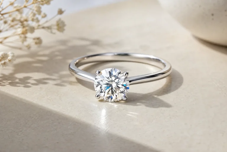 Blue Nile’s Lab-Grown Diamond FAQ, Translated for First-Time Buyers A close-up of a lab-grown diamond solitaire ring in a neutral setting, illustrating the article's explanation of what buyers should look for in a diamond's appearance, setting, and everyday wear.
