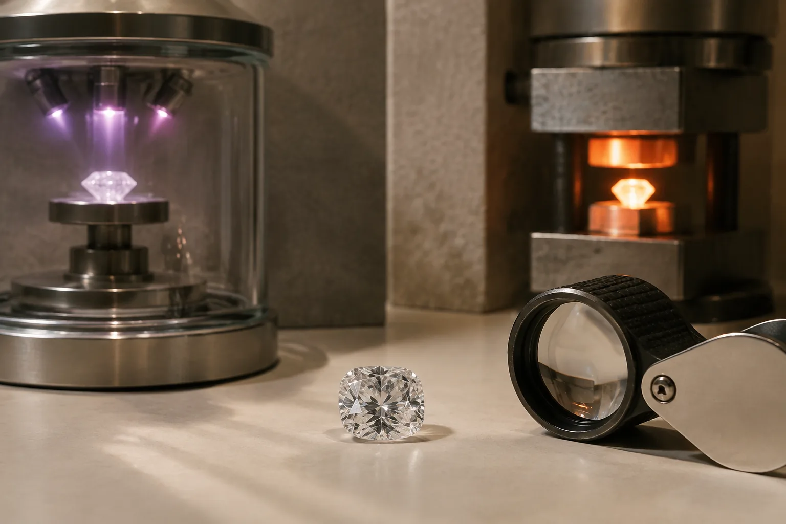 A loose diamond beside a jeweler's loupe with subtle cues for CVD and HPHT growth, showing that the production method is useful background but not a substitute for reading the grading report.