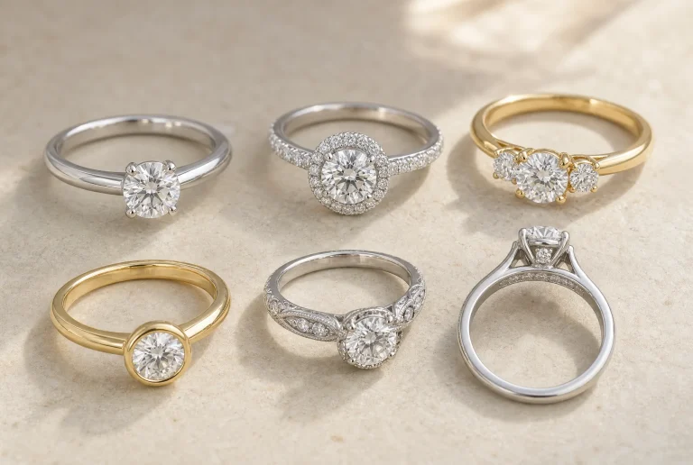 Brilliant Earth Lab-Grown Engagement Rings by Setting Style Six non-branded lab-grown diamond engagement ring setting styles arranged together, showing solitaire, halo, three-stone, bezel, vintage-inspired, and hidden-halo design differences for comparison.