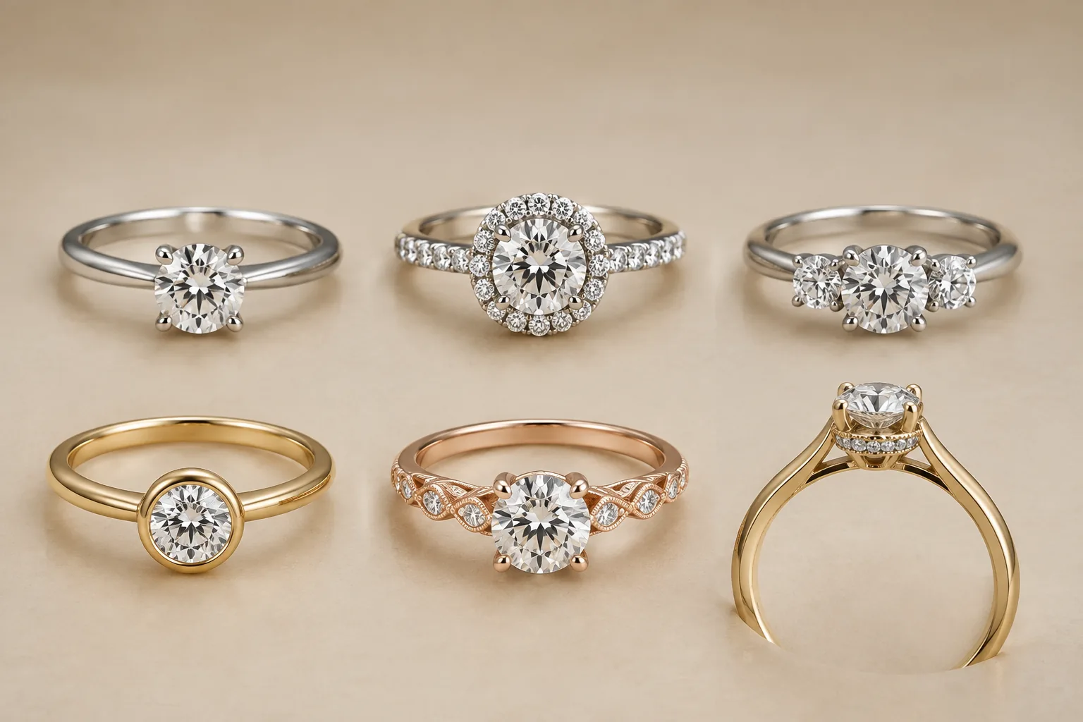 A close-up comparison of six generic engagement ring settings, helping readers see how solitaire, halo, three-stone, bezel, vintage-inspired, and hidden-halo designs differ in shape and construction.