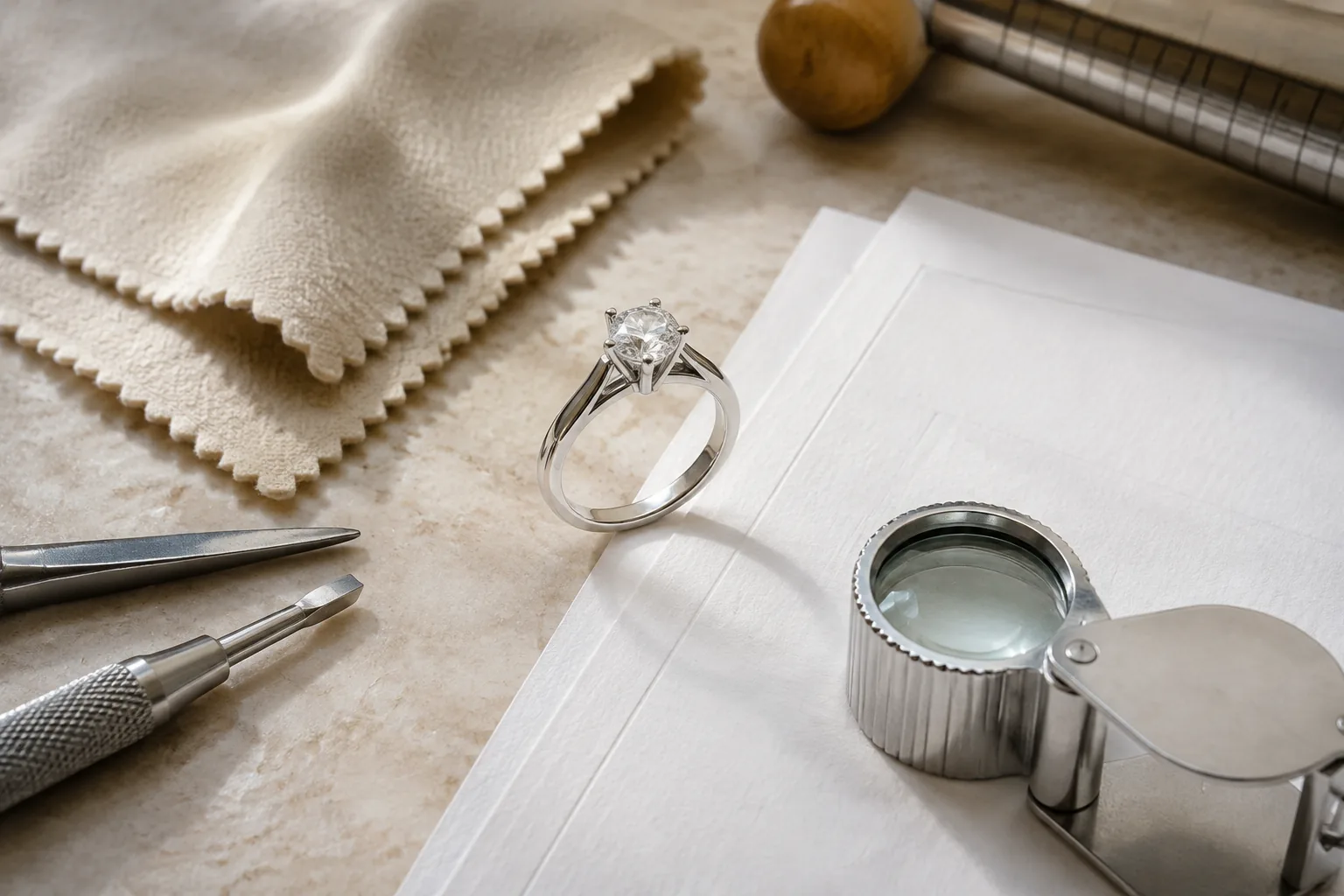 Engagement ring with a loupe, polishing cloth, and blank paperwork representing warranty and inspection terms.