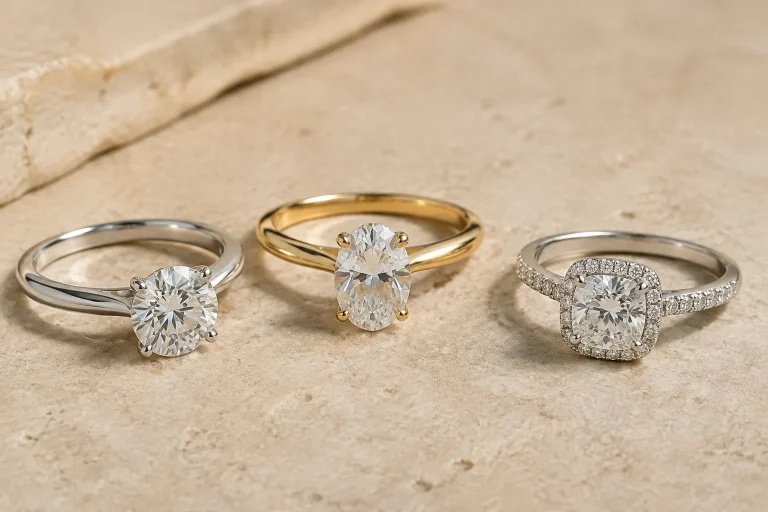 Brilliant Earth vs Blue Nile vs James Allen: Resizing, Repairs, and Upgrade Programs Compared Three non-branded engagement rings shown close up on a neutral surface for comparing post-purchase support policies.