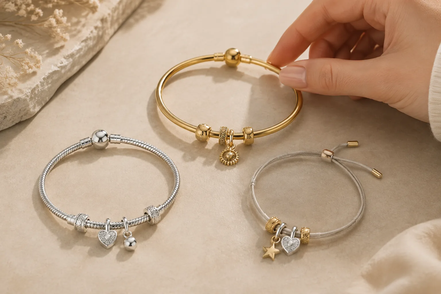 Three generic charm bracelet formats on a neutral surface compare chain, bangle, and adjustable styles so readers can judge which structure suits future charms.