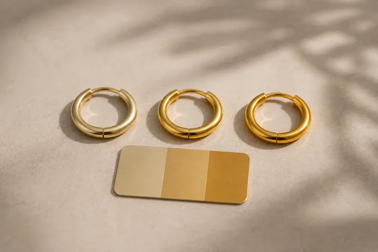 How to Choose Between 9K, 14K, and 18K Gold Jewelry Three gold jewelry pieces with noticeably different tones are arranged to help readers compare how 9K, 14K, and 18K gold can look in practice.
