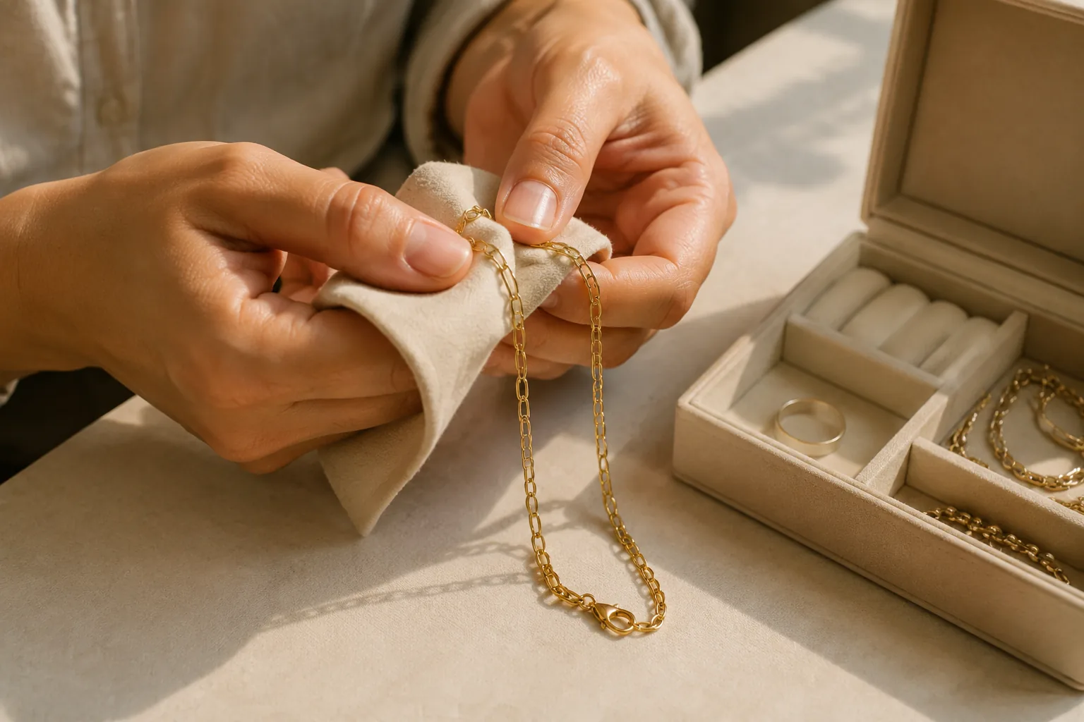 Adult hands gently wiping a generic gold-tone necklace with a dry cloth beside separated jewelry storage.