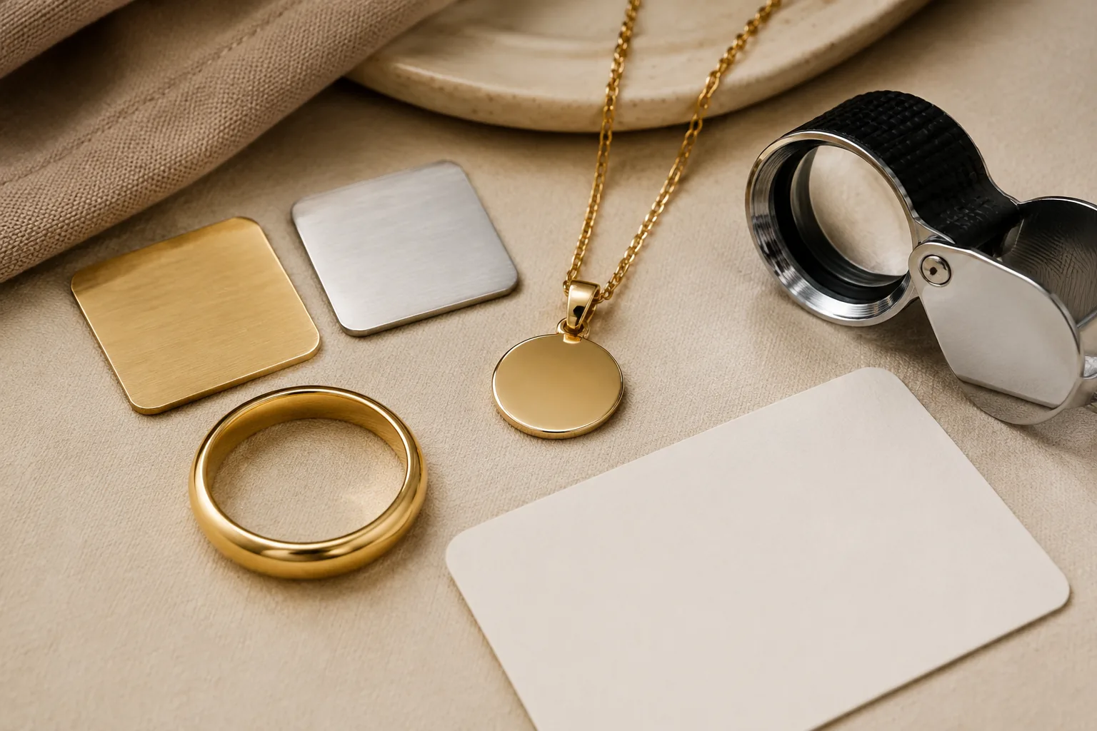Generic gold-tone jewelry with metal swatches and a loupe, suggesting pre-purchase material checks.