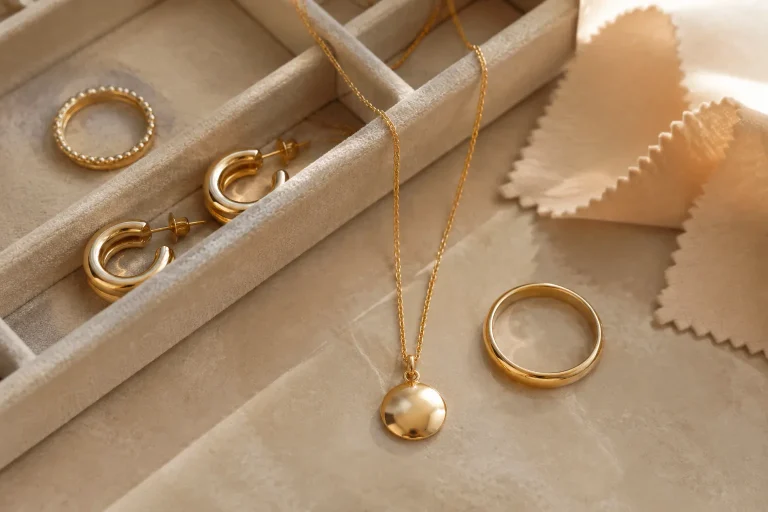 Generic gold vermeil-style necklace, ring, and earrings arranged with a polishing cloth and jewelry tray.