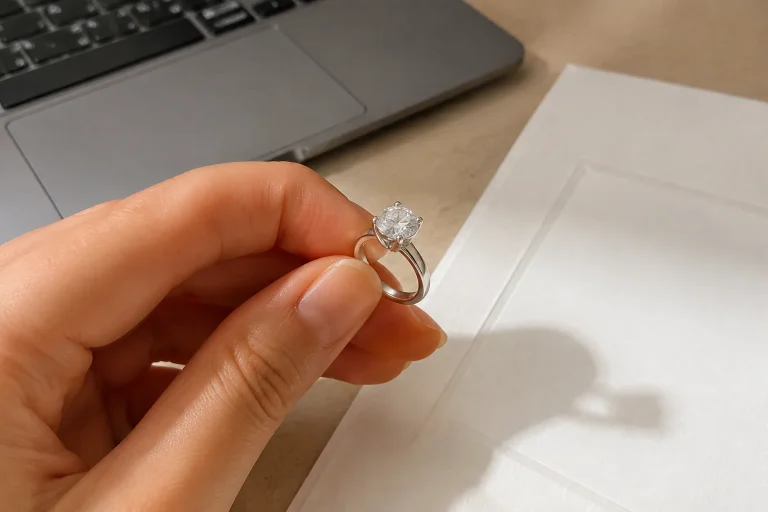 How to Read a Lab-Grown Diamond Product Page Before You Buy An unbranded solitaire ring held beside a plain laptop and document, illustrating the need to compare an online lab-grown diamond listing with the exact ring details and supporting report.
