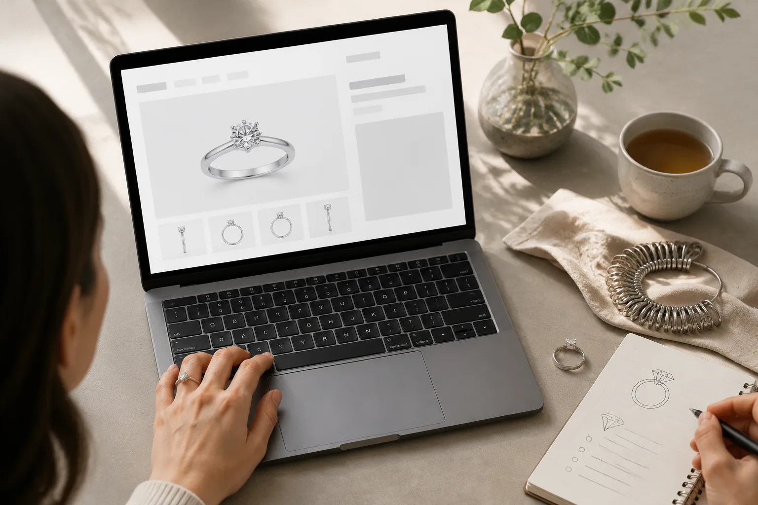 An adult shopper reviews an unbranded solitaire ring beside a ring sizer and a non-readable laptop screen, supporting the article's advice to confirm the final configuration and purchase terms.