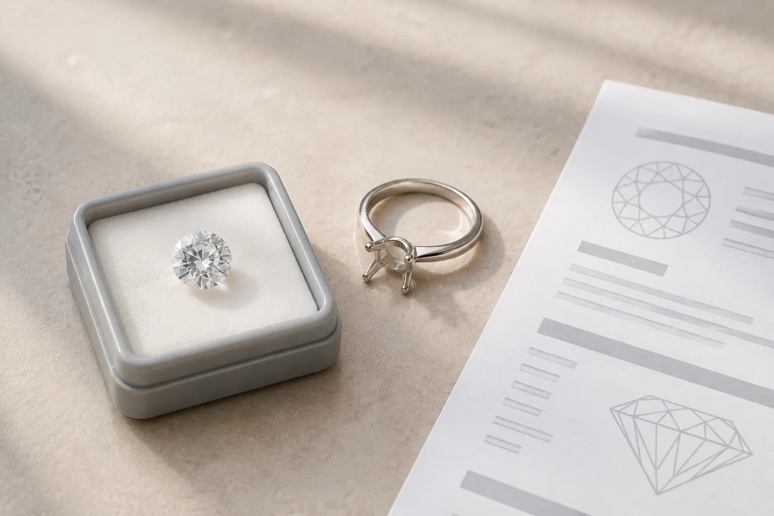 A loose colorless diamond, an empty solitaire setting, and a non-readable document shown separately to reinforce that buyers should match the exact stone, setting, and grading report before purchase.