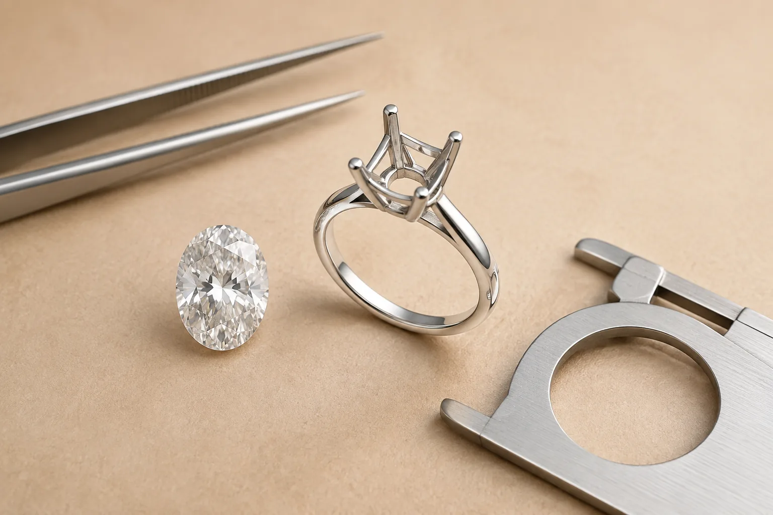 A loose oval diamond placed beside an unbranded ring setting and jeweler tools, showing why measurements, prongs, and setting height matter before ordering online.
