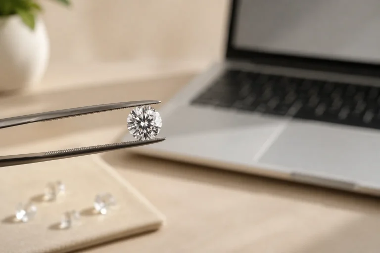 A loose diamond held in jeweler tweezers near a blurred laptop, illustrating how online shoppers can use magnified visuals as one part of diamond shortlisting.