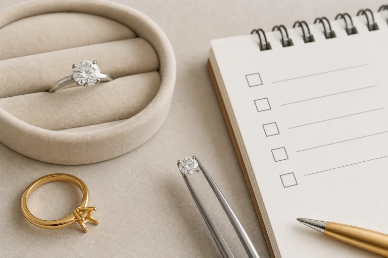 Non-branded engagement ring, loose diamond, and comparison notes arranged for an online ring buying workflow comparison.