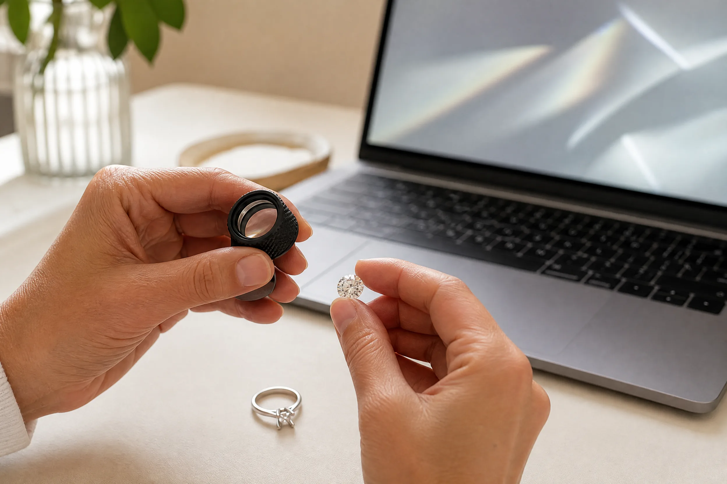 Adult hands examine a diamond near a loupe and laptop in a non-branded online engagement ring inspection scene.