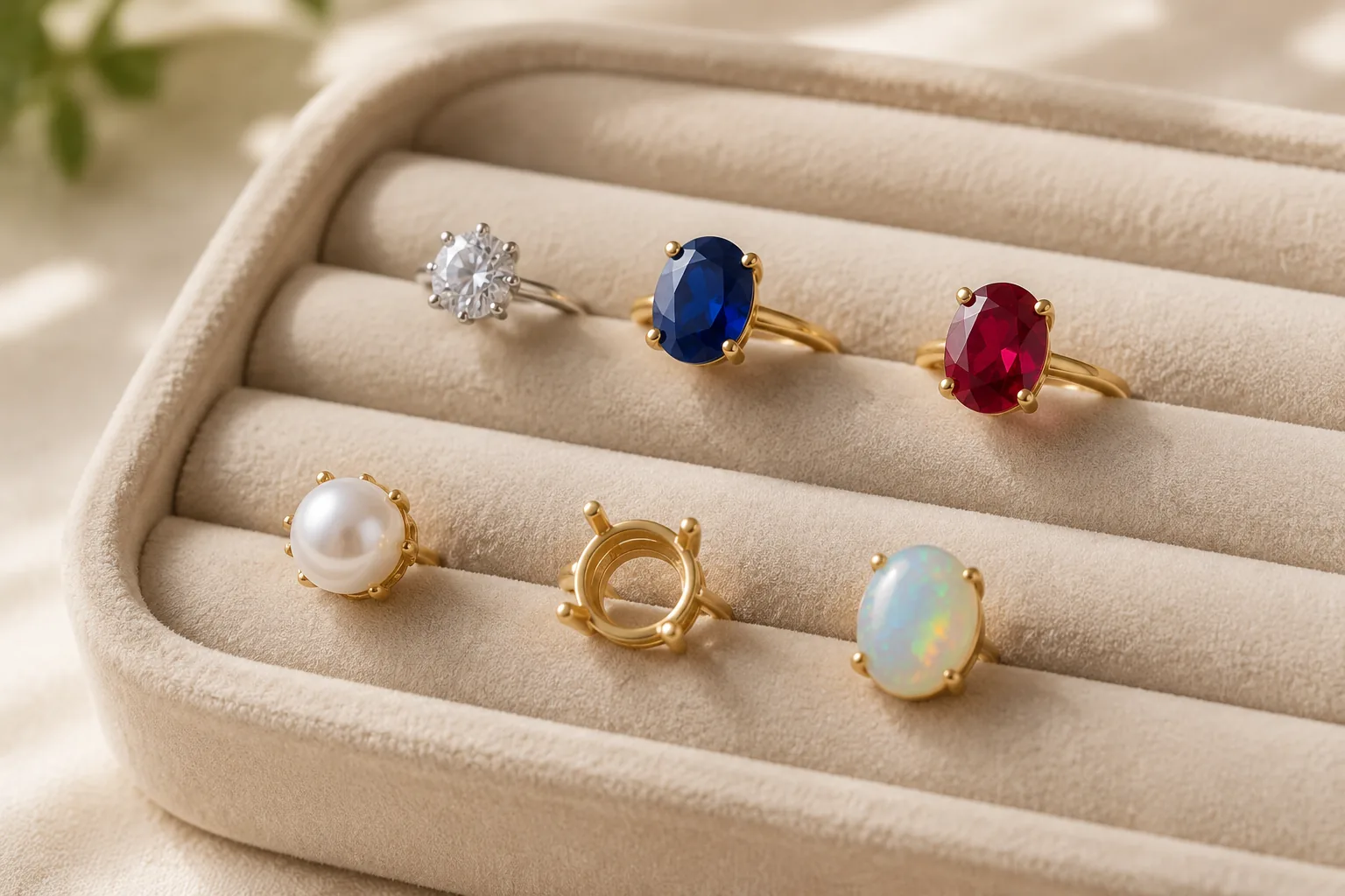 Unbranded diamond-like, ruby-like, sapphire-like, pearl, and opal-style jewelry pieces shown together to illustrate why gemstone choice matters separately from metal choice.