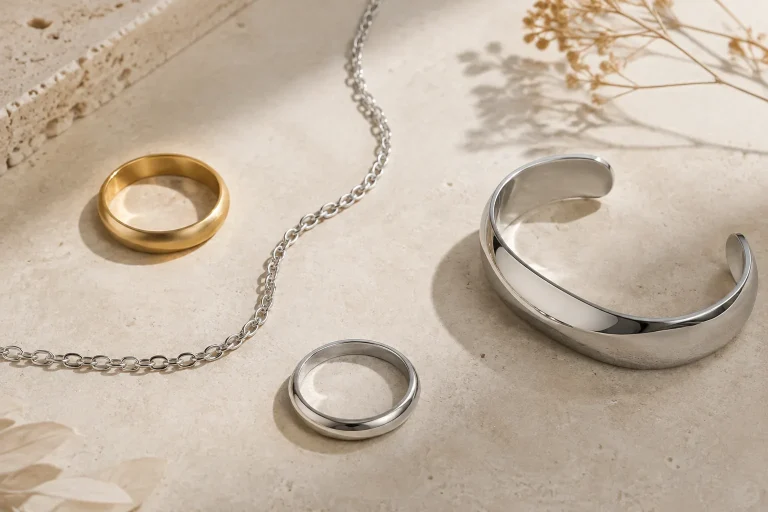 Mejuri Materials Explained: When 10K Gold, Sterling Silver, Platinum, and Stainless Steel Make Sense Unbranded gold, silver-tone, platinum-style, and stainless steel jewelry pieces arranged together to help readers compare Mejuri material categories by use case.
