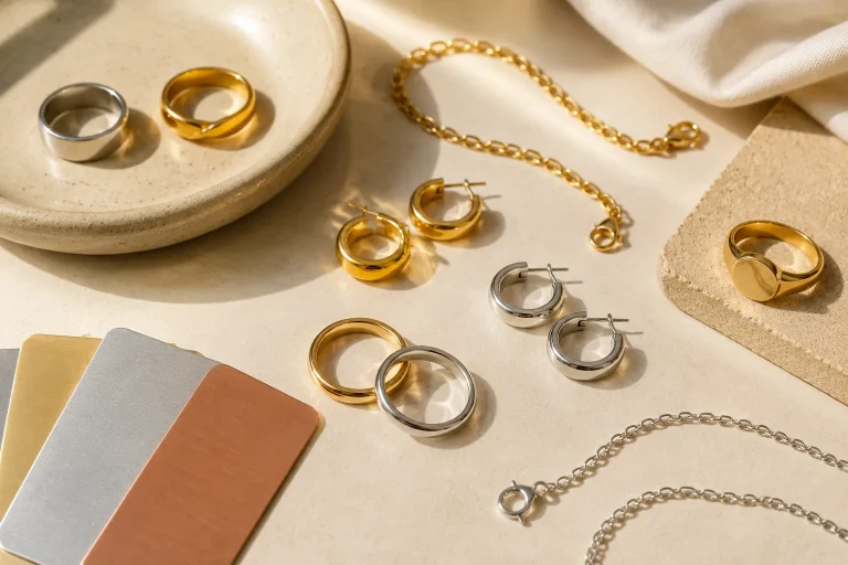 Unbranded gold and silver everyday jewelry pieces arranged as a material comparison to help readers evaluate Mejuri vs Missoma disclosures before buying.