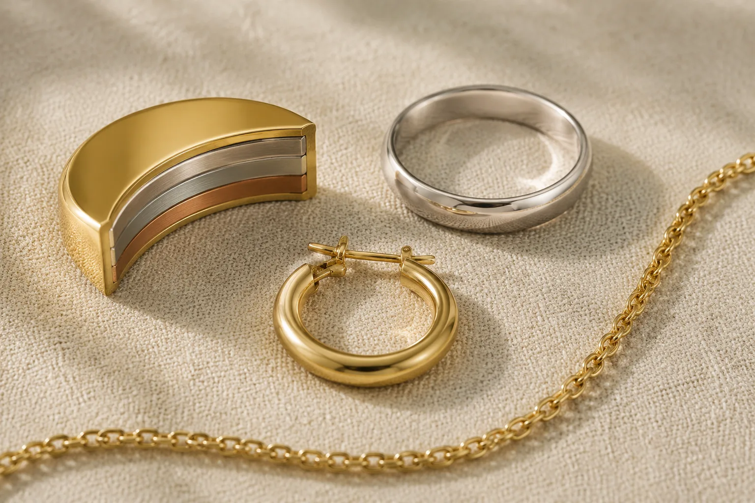 Unbranded rings, hoops, and chain details illustrate the material differences buyers compare when decoding vermeil, plated jewelry, and sterling silver.